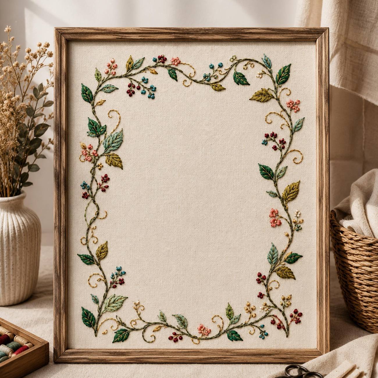 Ribbon Vine Border embroidered project idea for the digital hand embroidery pattern and stitch guide