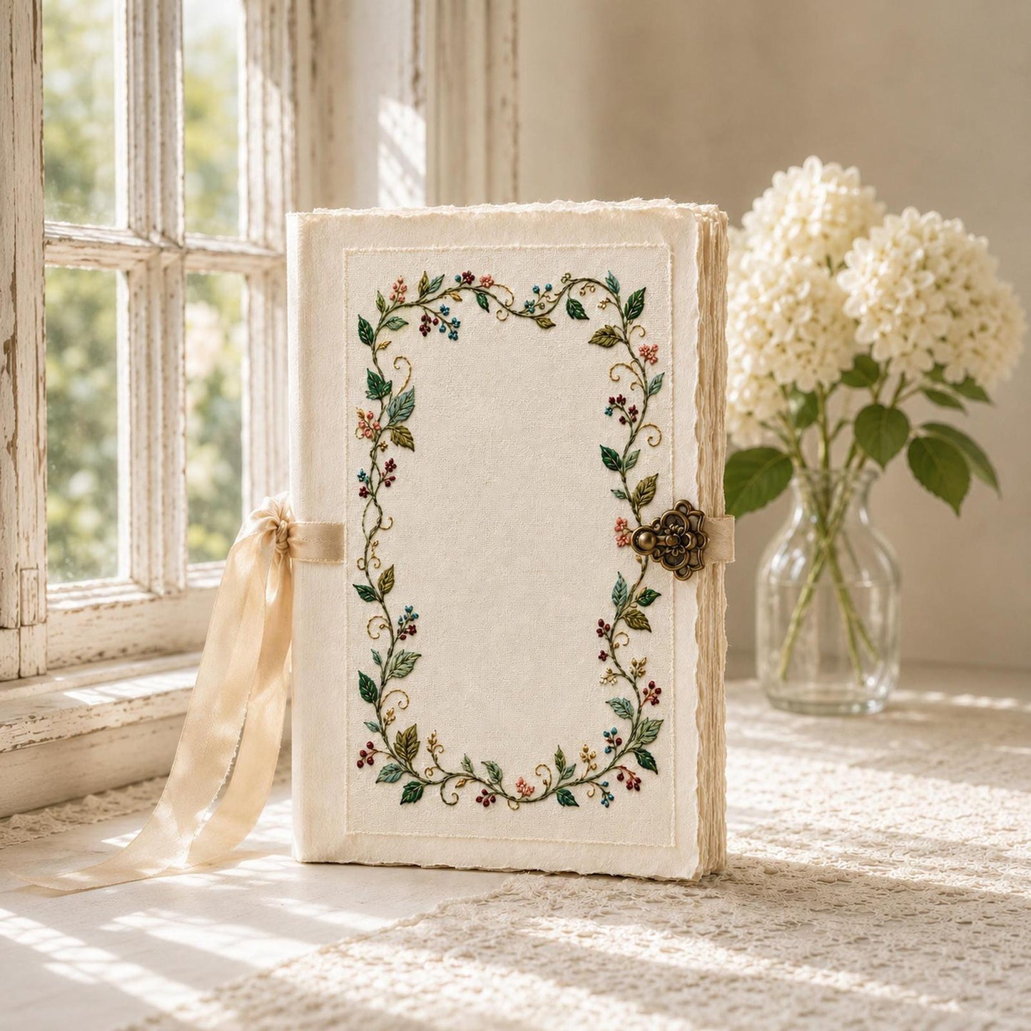 Ribbon Vine Border framed textile display for the digital hand embroidery pattern and stitch guide