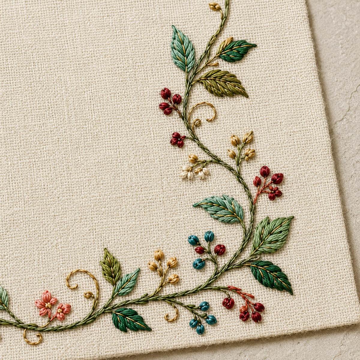 Ribbon Vine Border finished design flatlay for the digital hand embroidery pattern and stitch guide