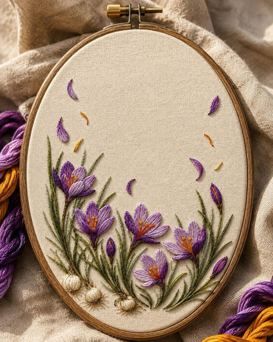Saffron Crocus Harvest finished hoop hero for the digital hand embroidery pattern and stitch guide