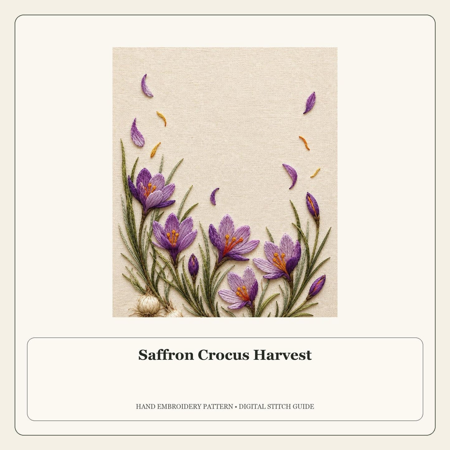 Saffron Crocus Harvest stitch guide cover for the digital hand embroidery pattern and stitch guide