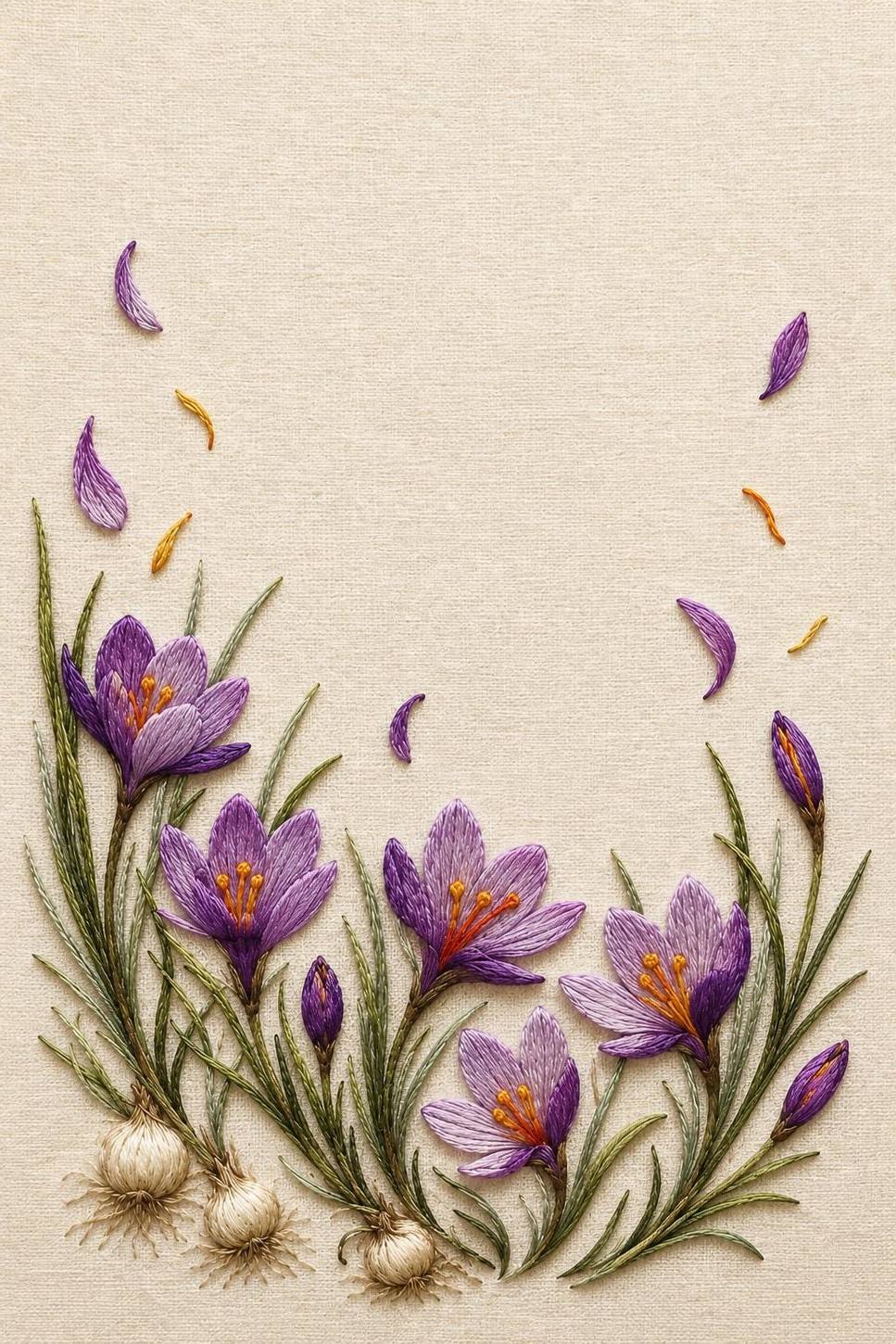 Saffron Crocus Harvest finished embroidery reference for the digital hand embroidery pattern and stitch guide