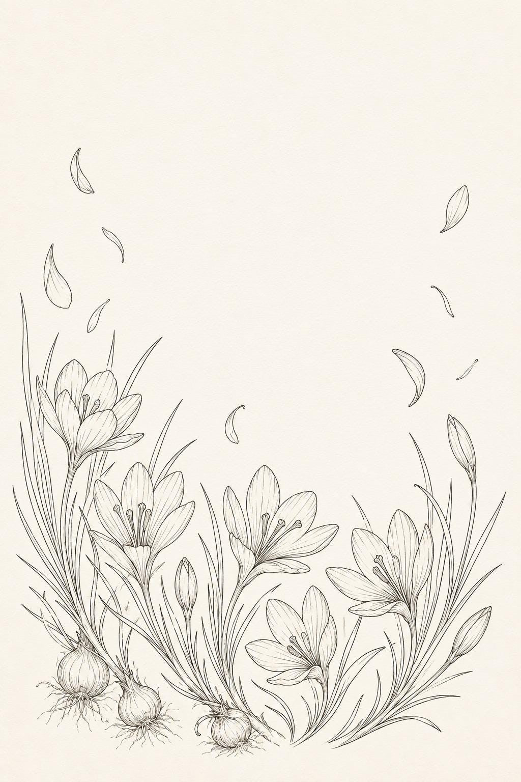 Saffron Crocus Harvest transfer linework preview for the digital hand embroidery pattern and stitch guide