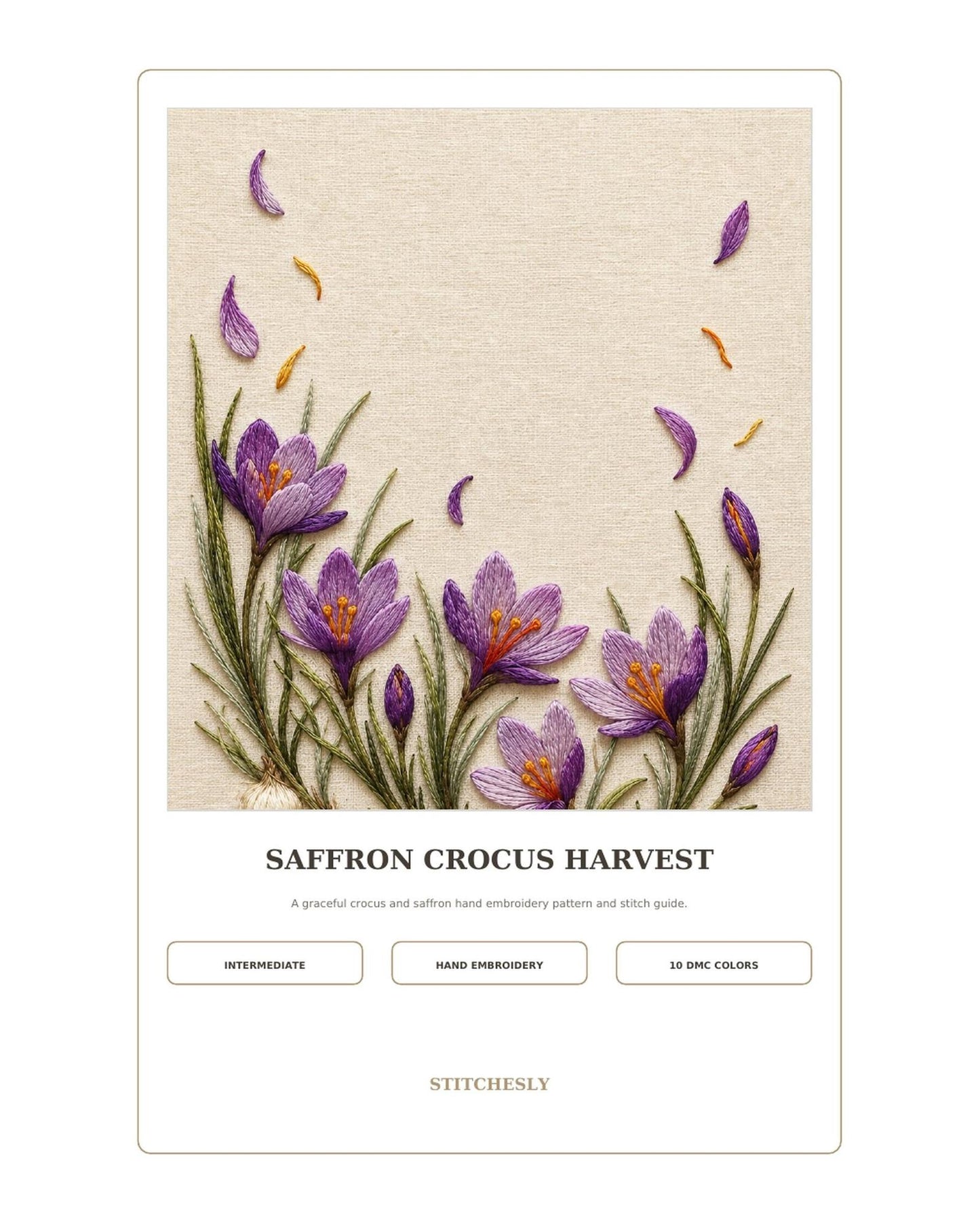 Saffron Crocus Harvest pattern edition overview for the digital hand embroidery pattern and stitch guide