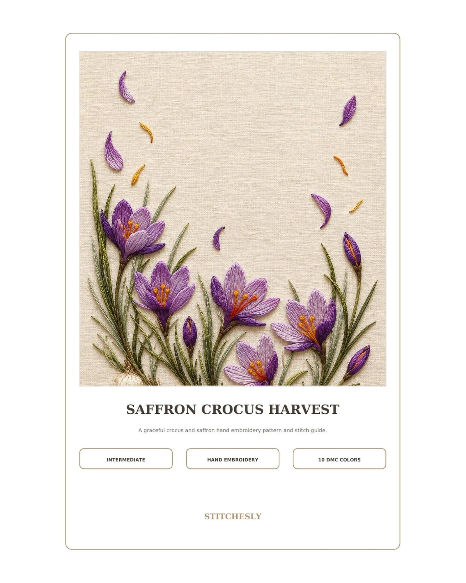 Saffron Crocus Harvest pattern edition overview for the digital hand embroidery pattern and stitch guide