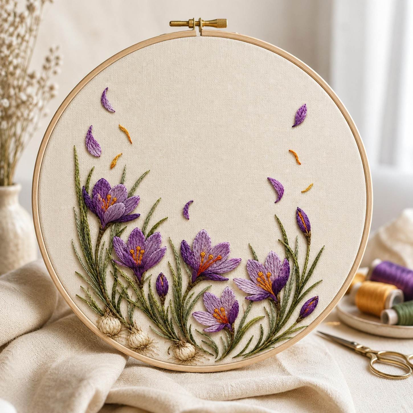 Saffron Crocus Harvest embroidered project idea for the digital hand embroidery pattern and stitch guide