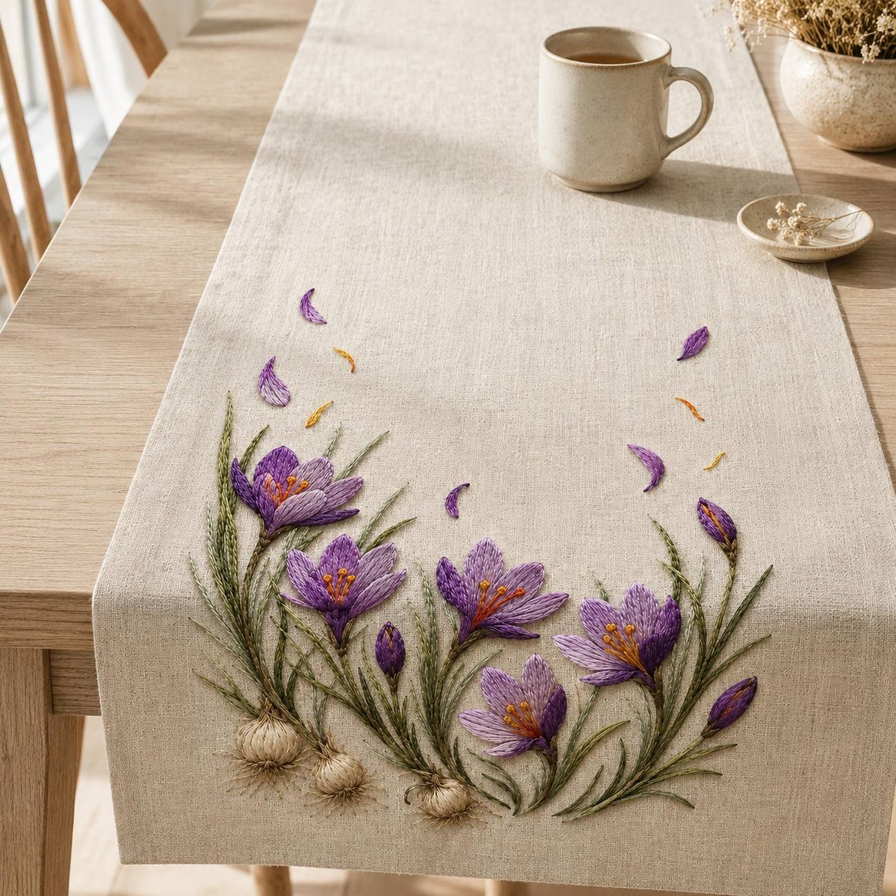 Saffron Crocus Harvest stitch detail closeup for the digital hand embroidery pattern and stitch guide