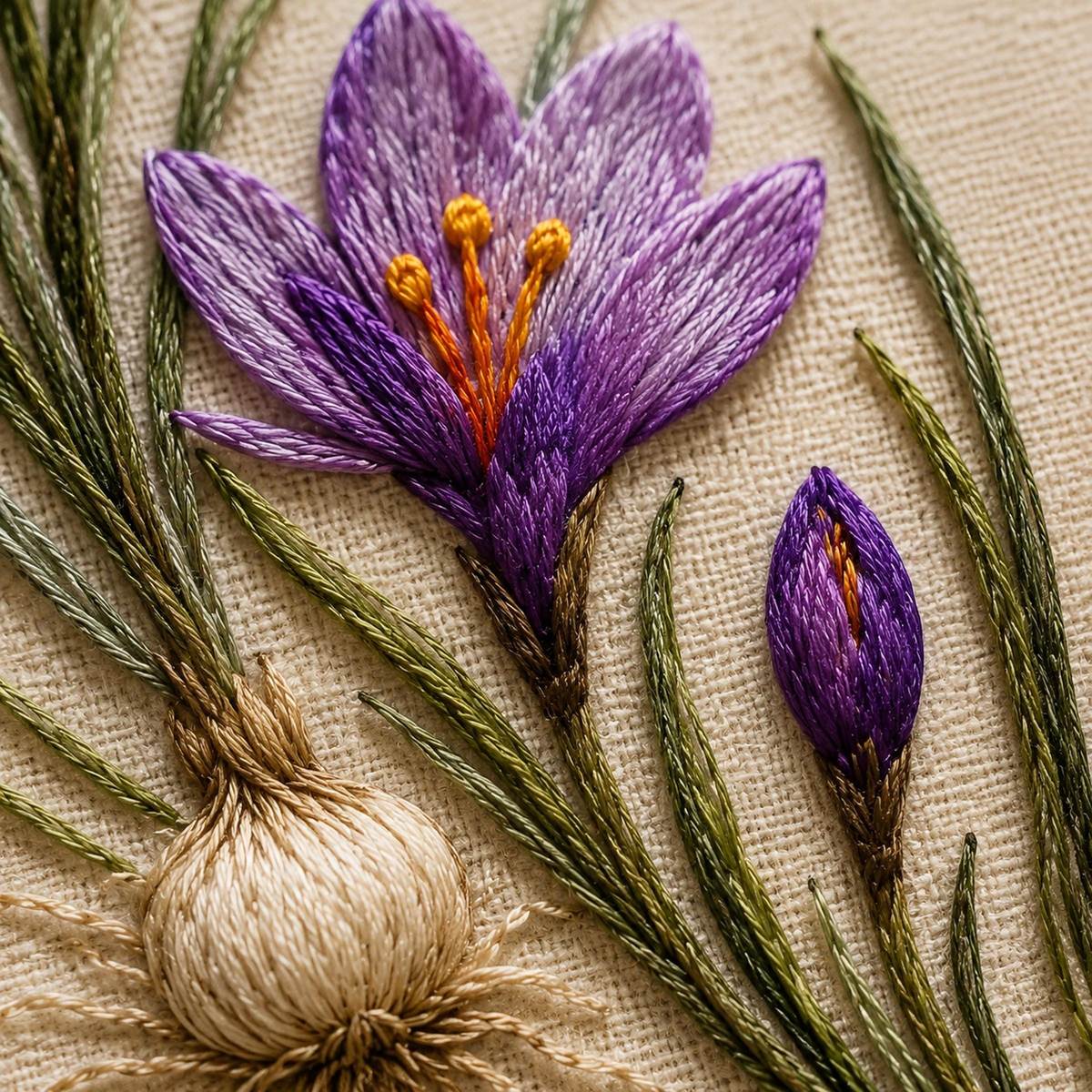 Saffron Crocus Harvest stitch guide preview for the digital hand embroidery pattern and stitch guide