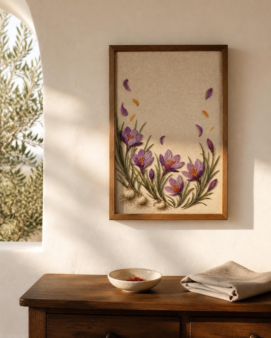 Saffron Crocus Harvest embroidery portfolio display for the digital hand embroidery pattern and stitch guide
