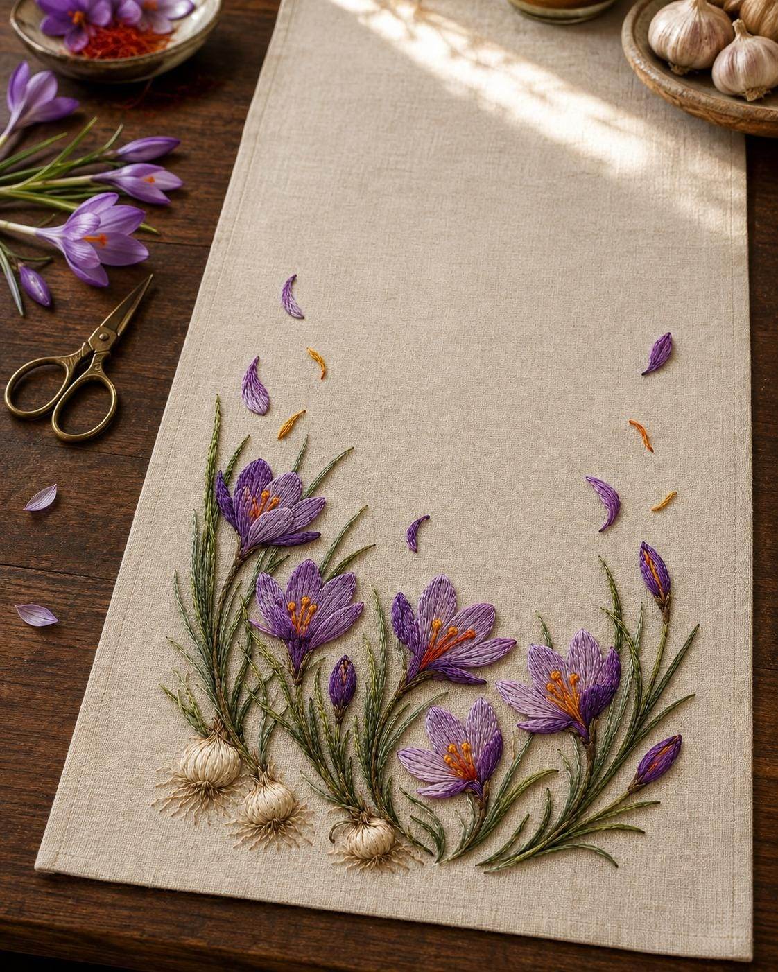 Saffron Crocus Harvest finished design flatlay for the digital hand embroidery pattern and stitch guide