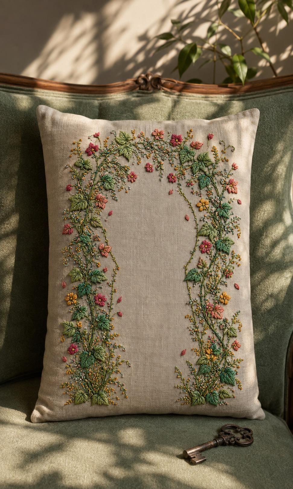 Secret Garden Vine Gate finished hoop hero for the digital hand embroidery pattern and stitch guide