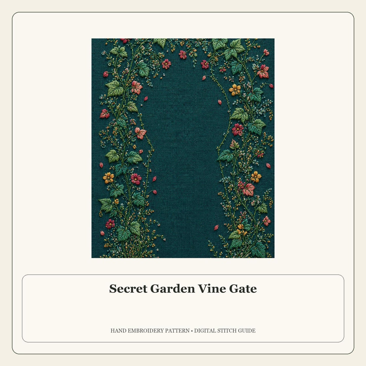 Secret Garden Vine Gate stitch guide cover for the digital hand embroidery pattern and stitch guide