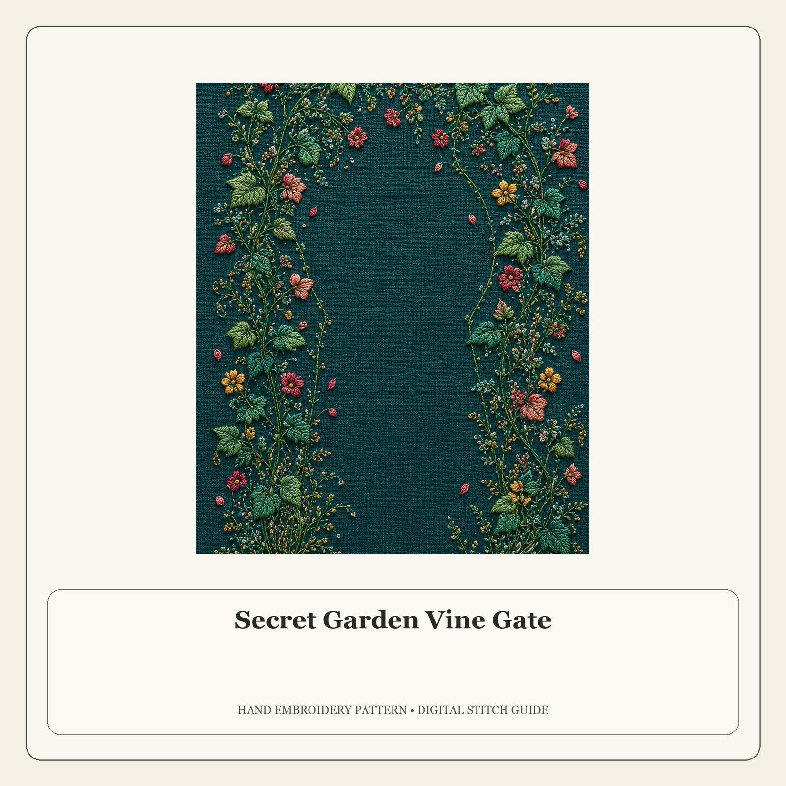 Secret Garden Vine Gate stitch guide cover for the digital hand embroidery pattern and stitch guide