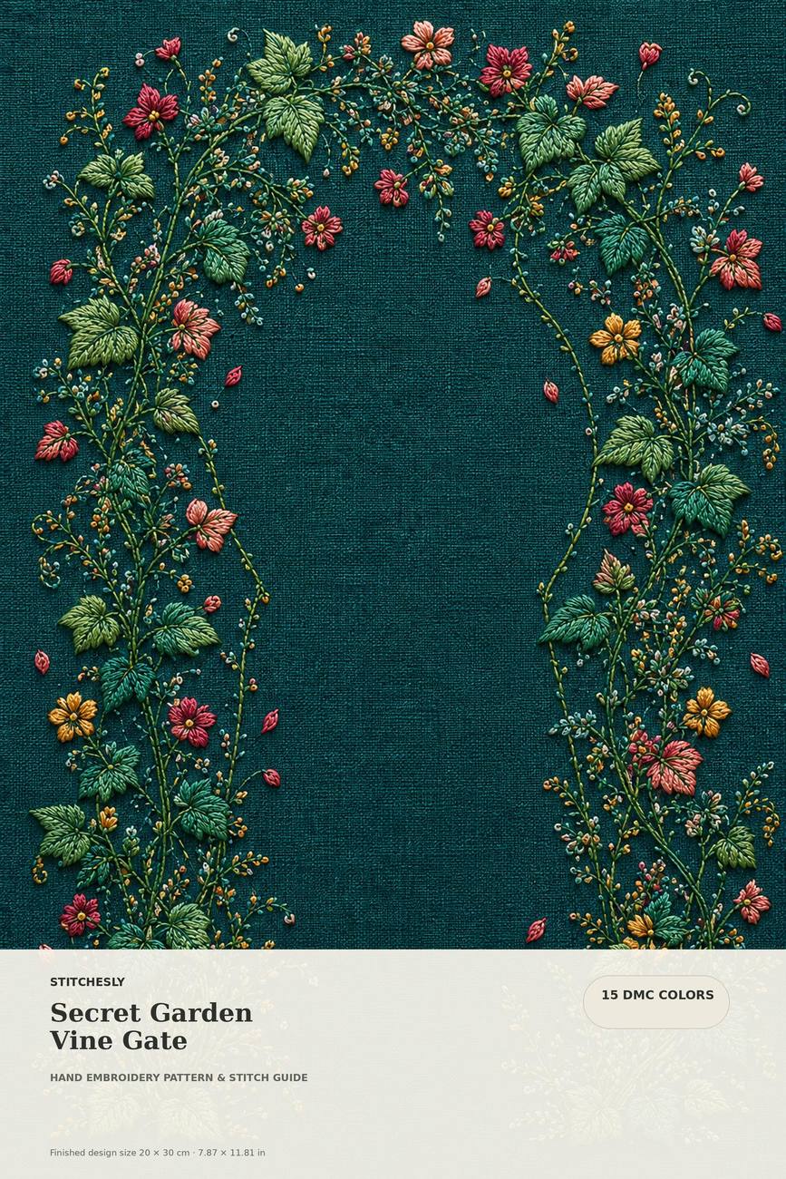 Secret Garden Vine Gate pattern edition overview for the digital hand embroidery pattern and stitch guide