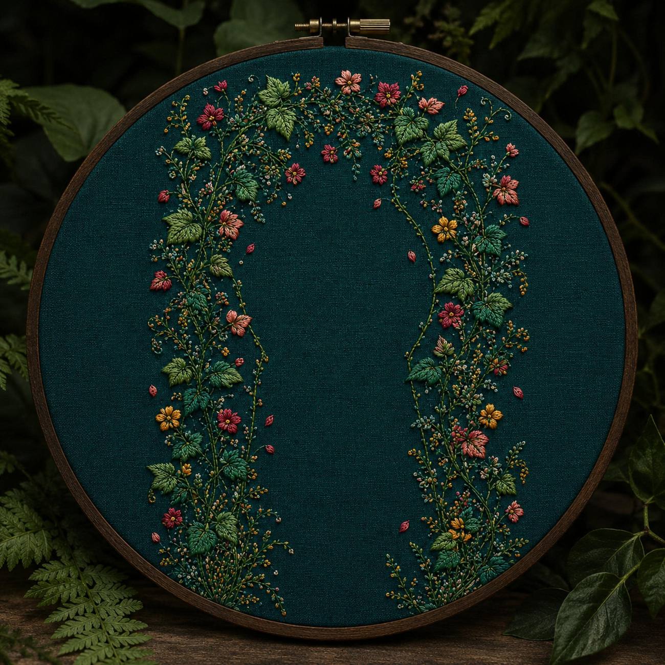 Secret Garden Vine Gate stitch detail closeup for the digital hand embroidery pattern and stitch guide