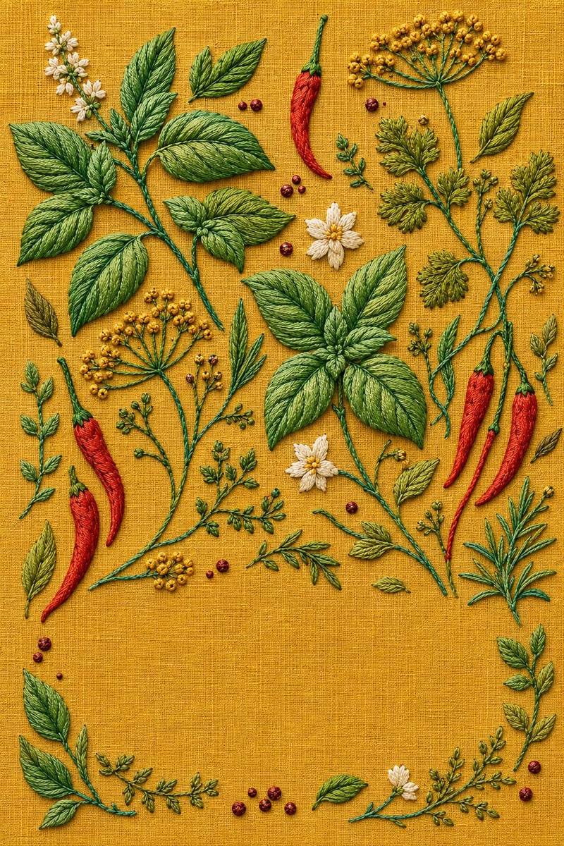 Spice Garden Botanical finished embroidery reference for the digital hand embroidery pattern and stitch guide