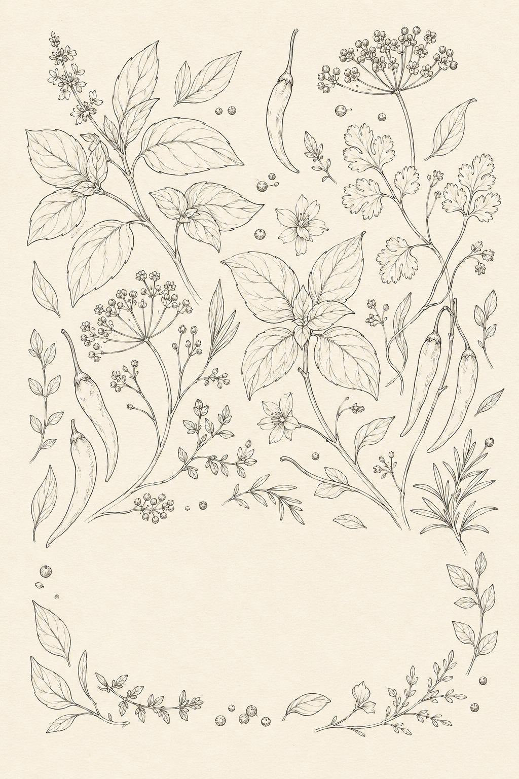 Spice Garden Botanical transfer linework preview for the digital hand embroidery pattern and stitch guide