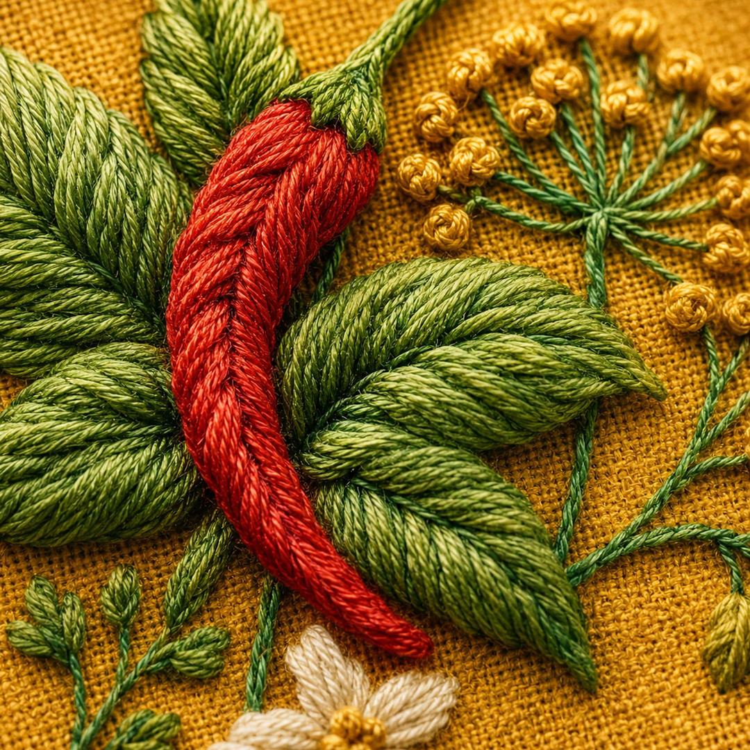 Spice Garden Botanical stitch detail closeup for the digital hand embroidery pattern and stitch guide