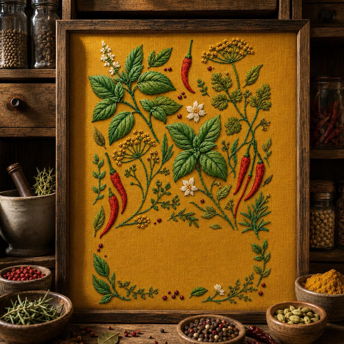 Spice Garden Botanical framed textile display for the digital hand embroidery pattern and stitch guide