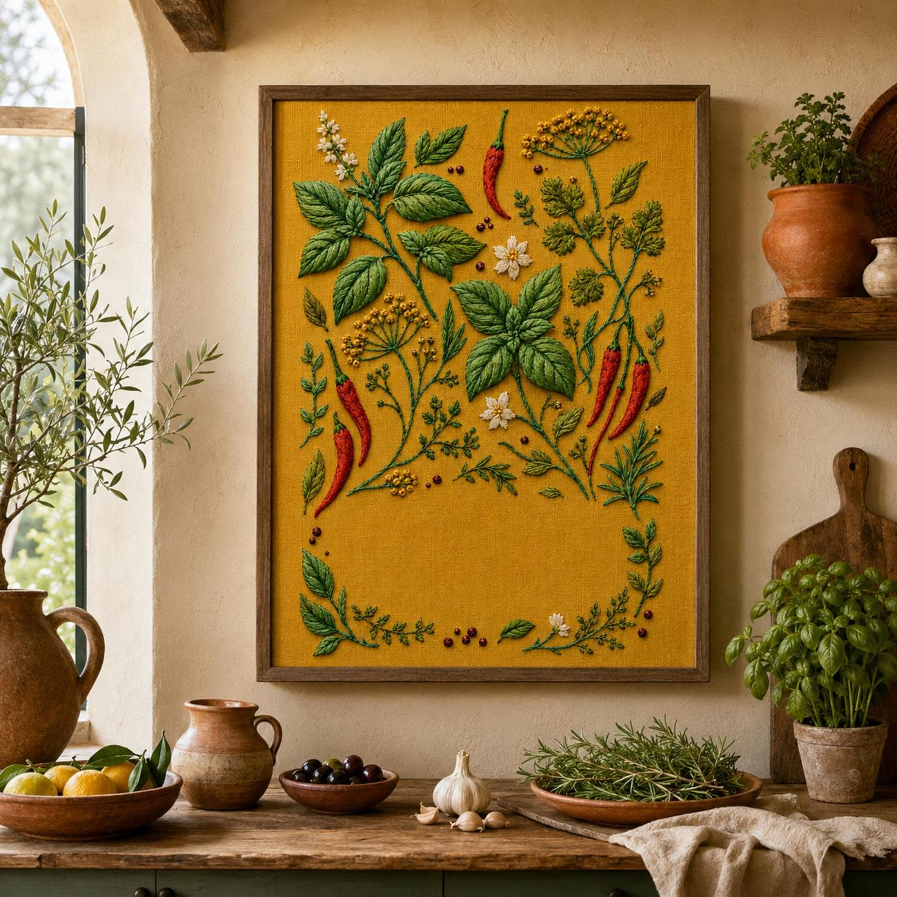 Spice Garden Botanical embroidery portfolio display for the digital hand embroidery pattern and stitch guide