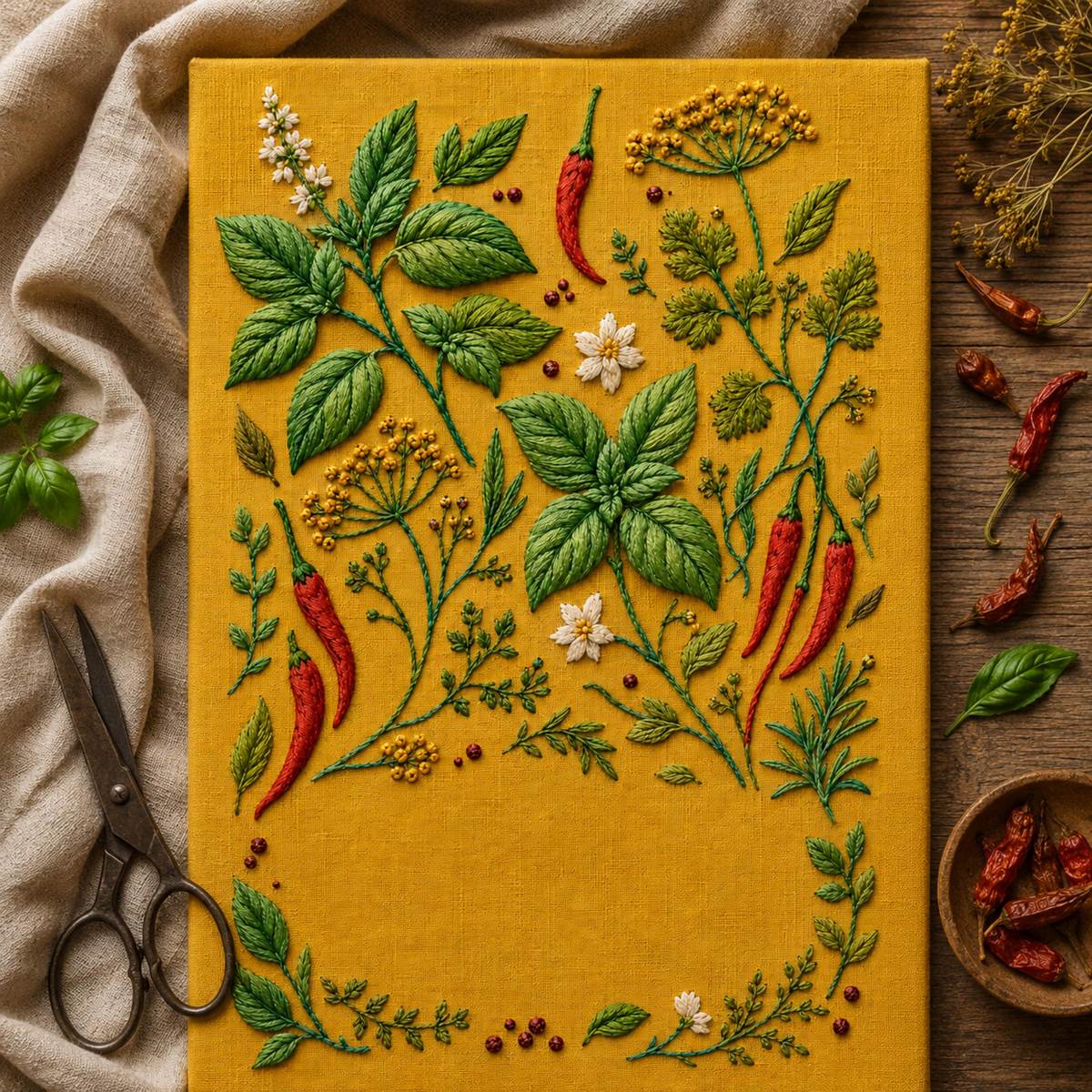 Spice Garden Botanical finished design flatlay for the digital hand embroidery pattern and stitch guide