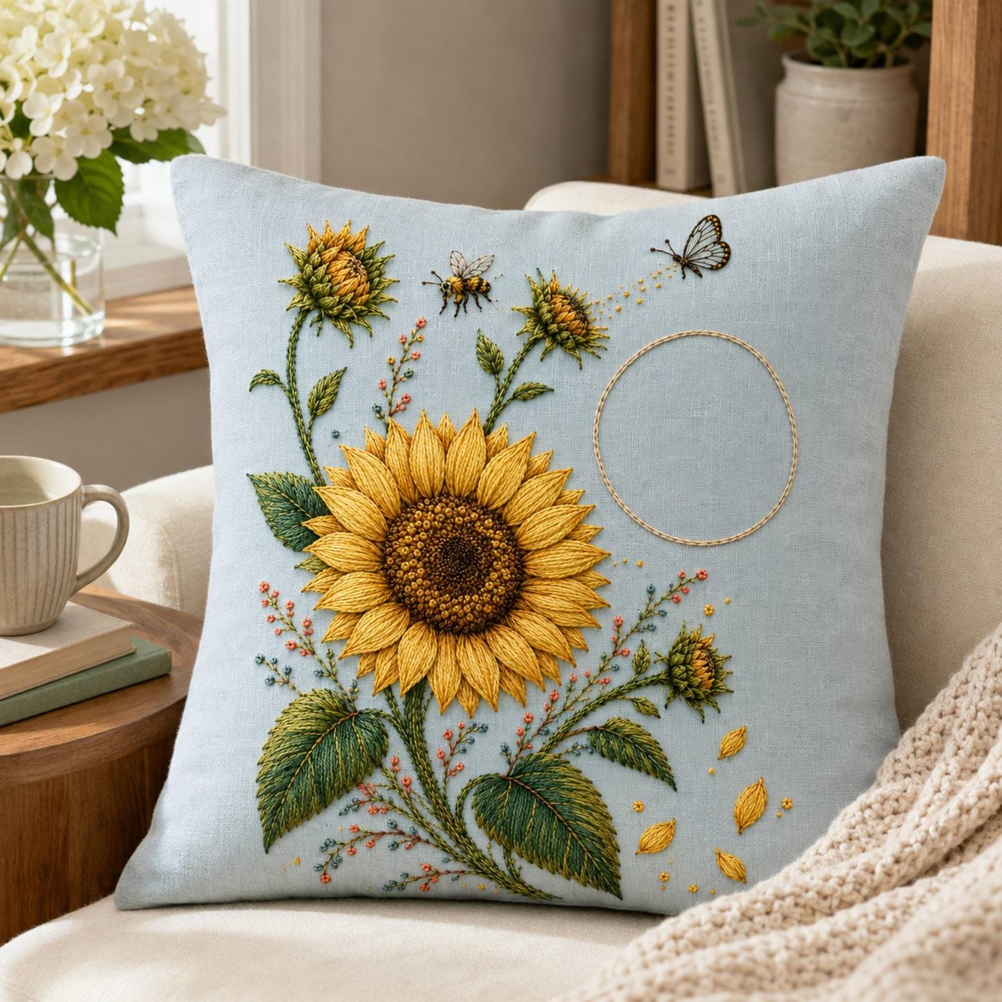 Sunflower Pollinator Study finished hoop hero for the digital hand embroidery pattern and stitch guide