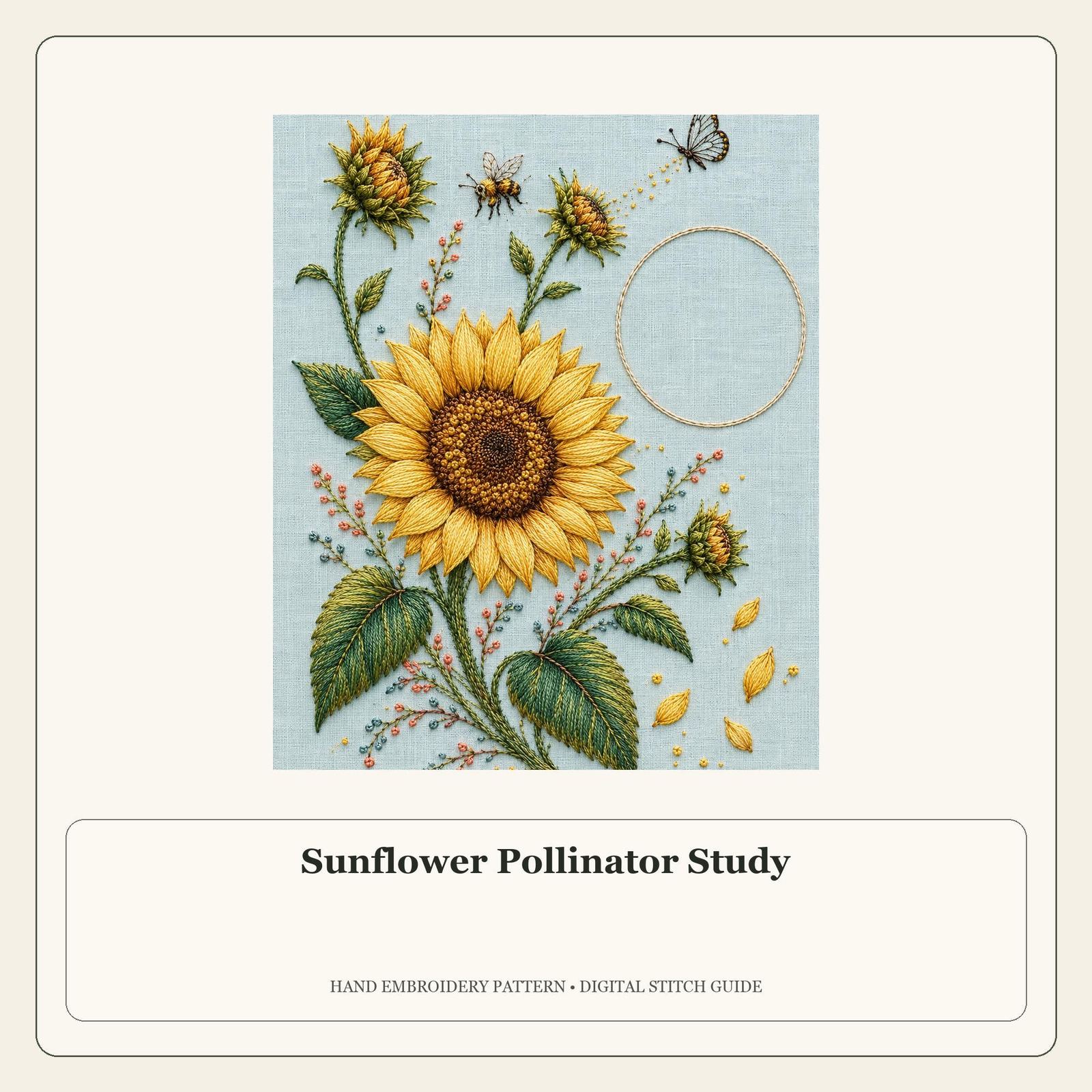 Sunflower Pollinator Study stitch guide cover for the digital hand embroidery pattern and stitch guide