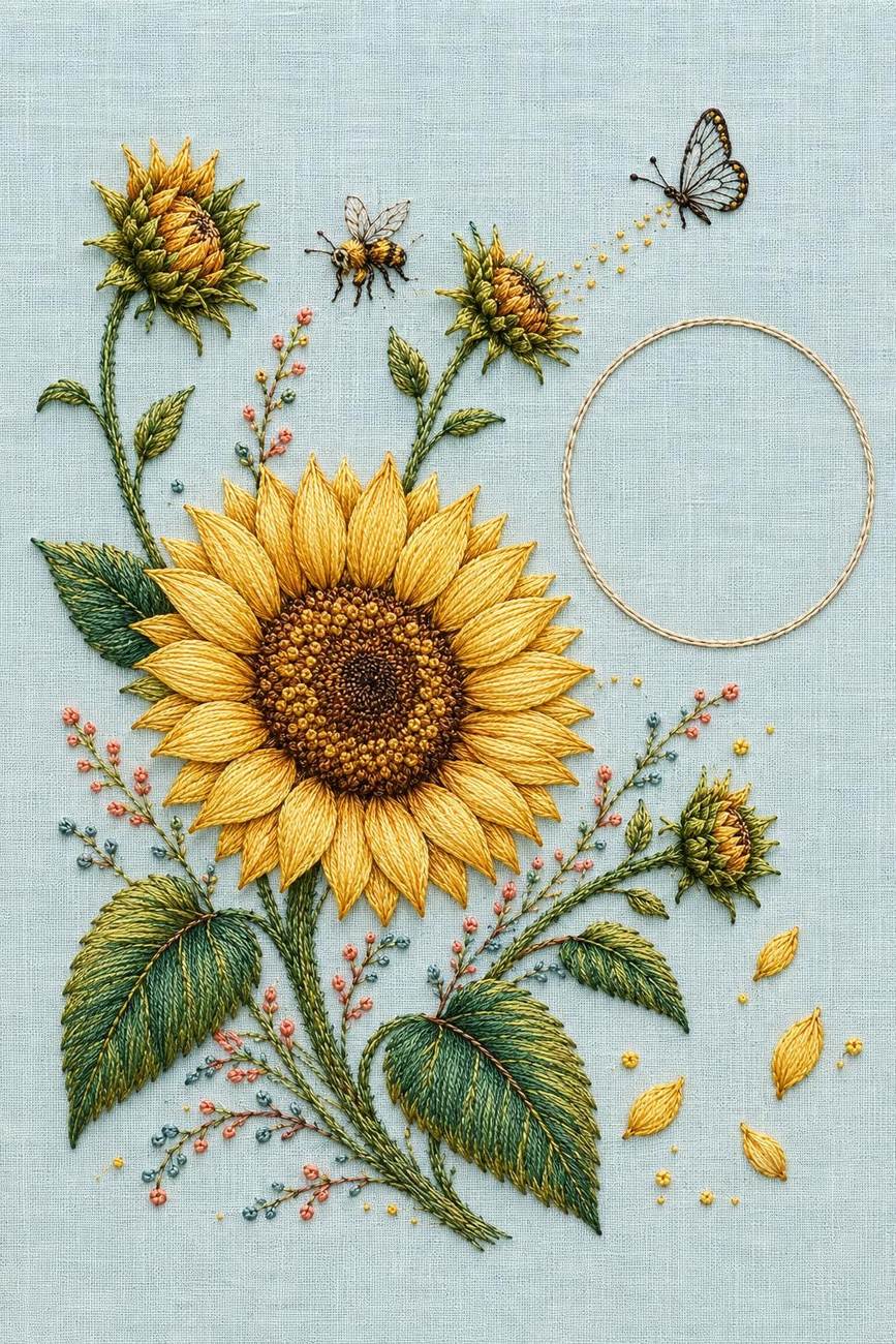 Sunflower Pollinator Study finished embroidery reference for the digital hand embroidery pattern and stitch guide