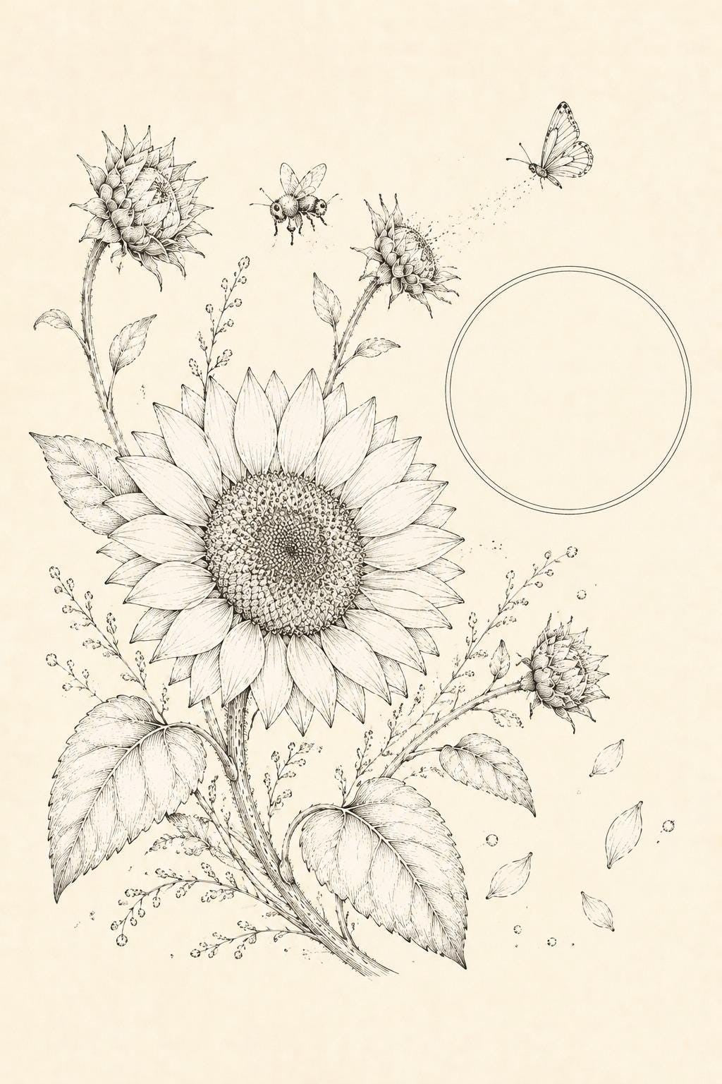 Sunflower Pollinator Study transfer linework preview for the digital hand embroidery pattern and stitch guide