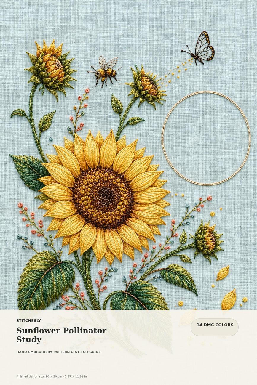 Sunflower Pollinator Study pattern edition overview for the digital hand embroidery pattern and stitch guide