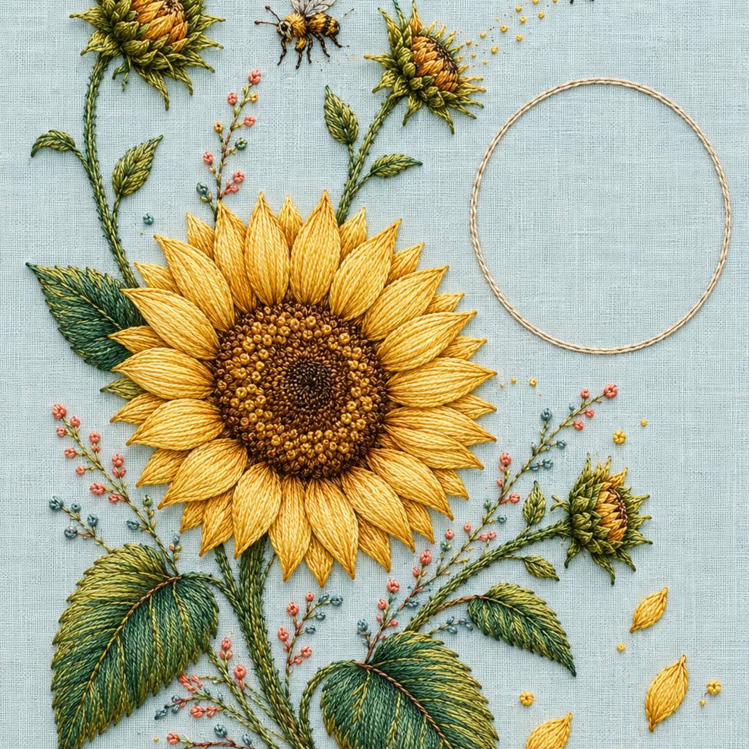 Sunflower Pollinator Study embroidered project idea for the digital hand embroidery pattern and stitch guide