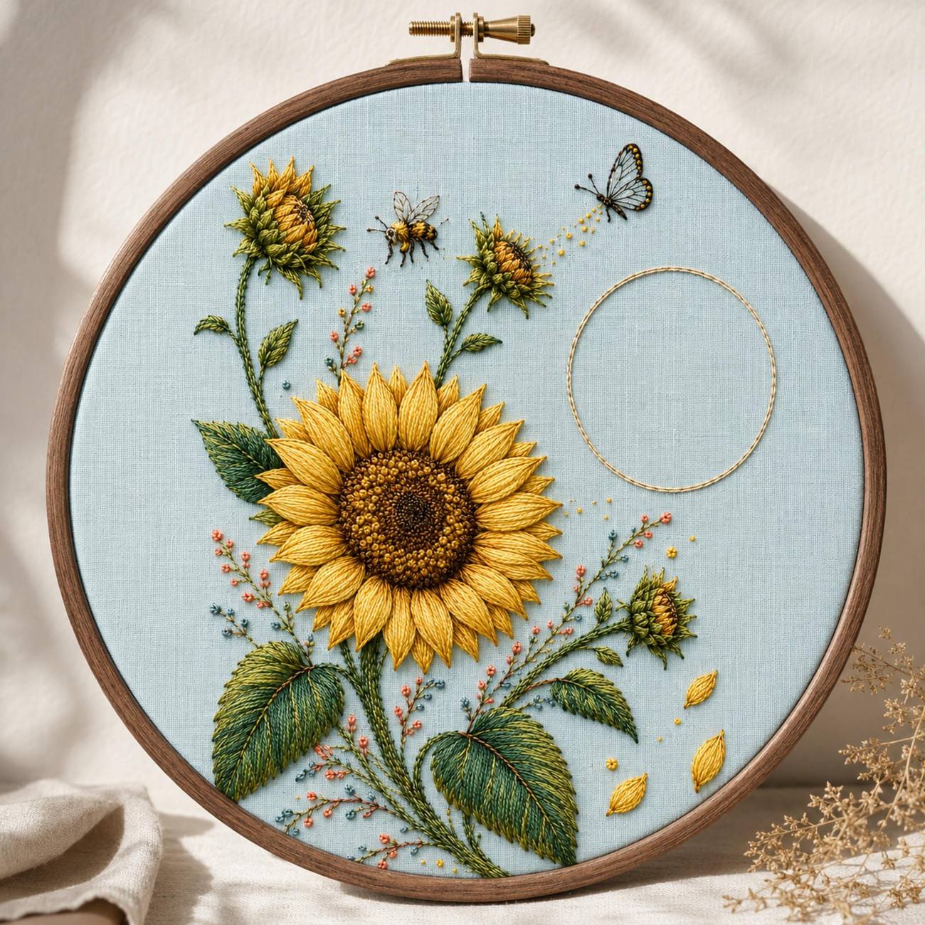 Sunflower Pollinator Study stitch detail closeup for the digital hand embroidery pattern and stitch guide