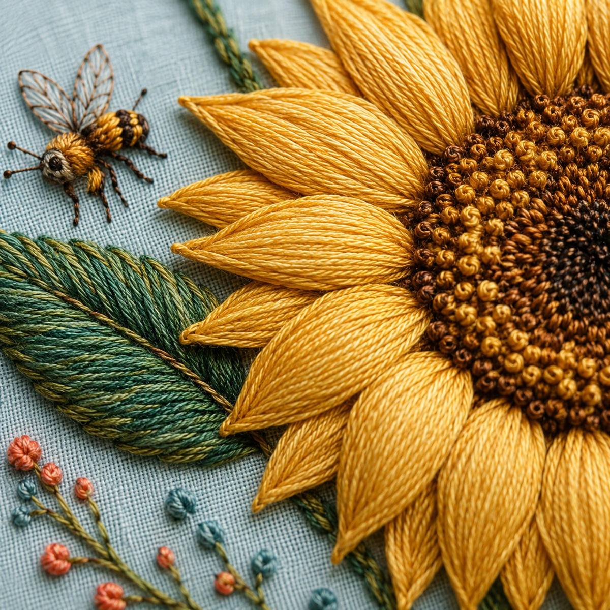 Sunflower Pollinator Study stitch guide preview for the digital hand embroidery pattern and stitch guide
