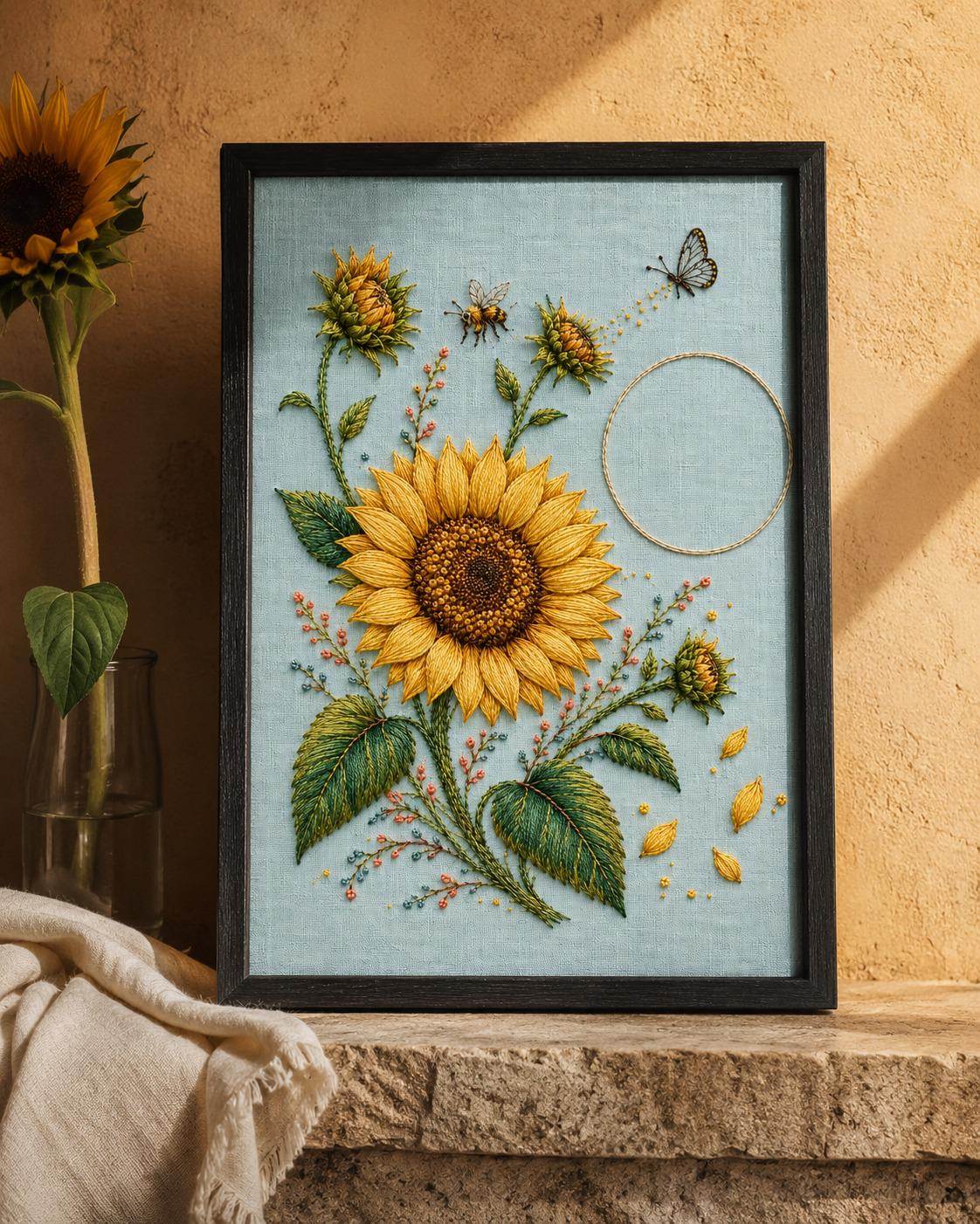 Sunflower Pollinator Study finished design flatlay for the digital hand embroidery pattern and stitch guide