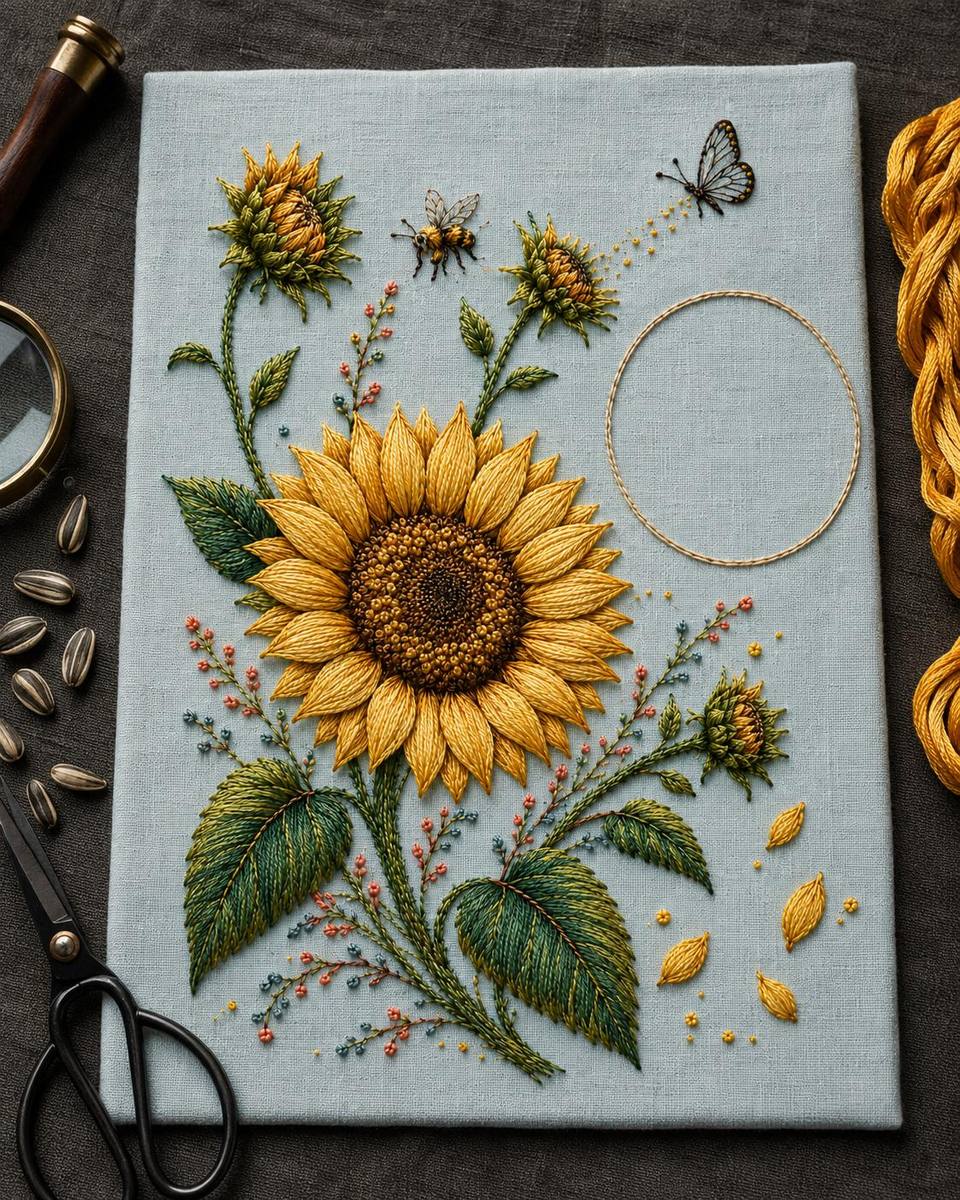 Sunflower Pollinator Study additional project reference for the digital hand embroidery pattern and stitch guide