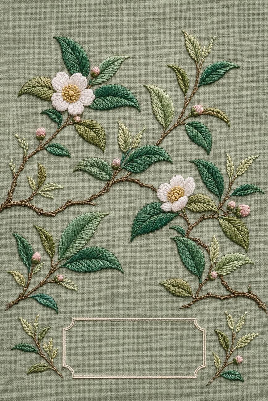Tea Garden Botanical finished embroidery reference for the digital hand embroidery pattern and stitch guide