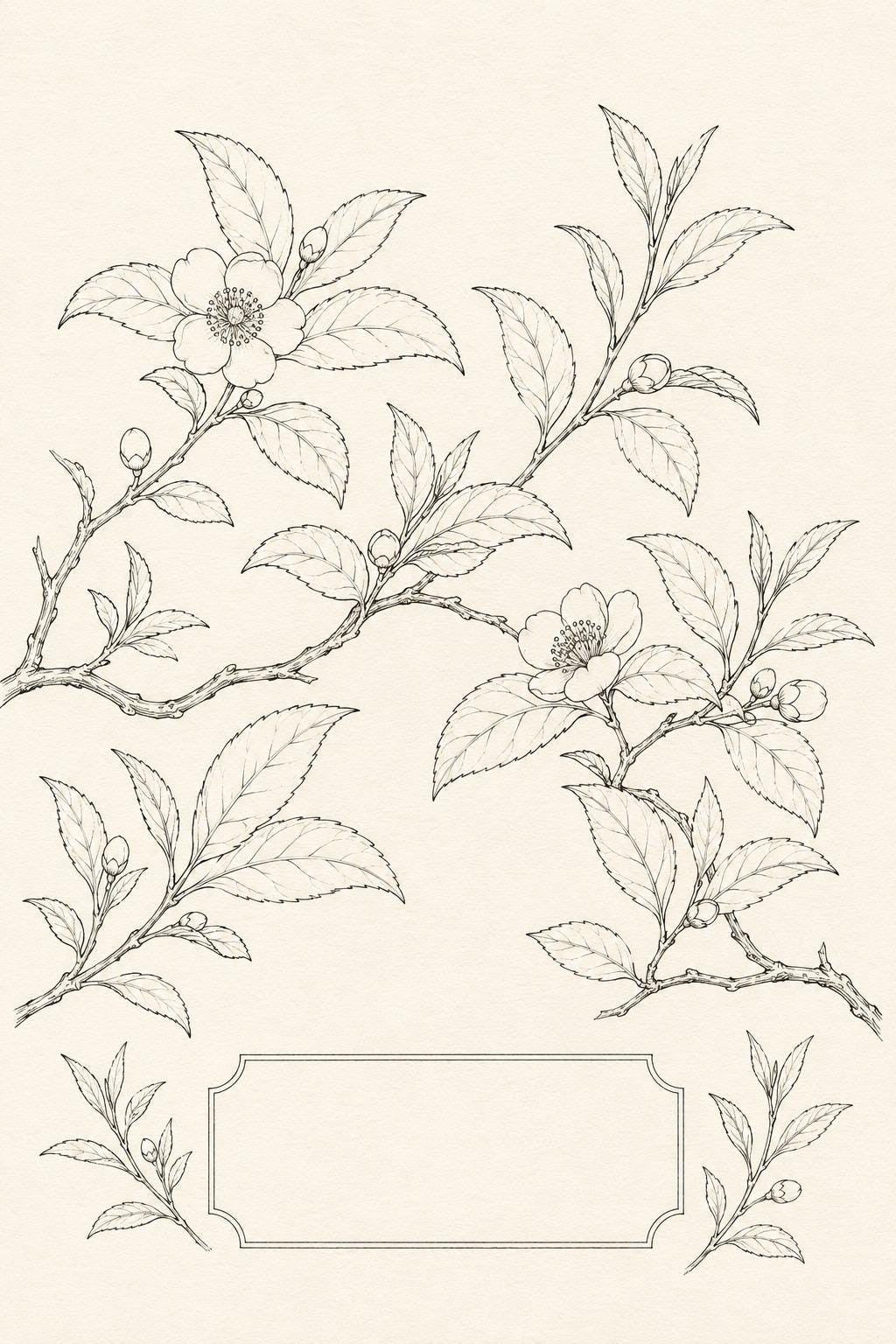 Tea Garden Botanical transfer linework preview for the digital hand embroidery pattern and stitch guide