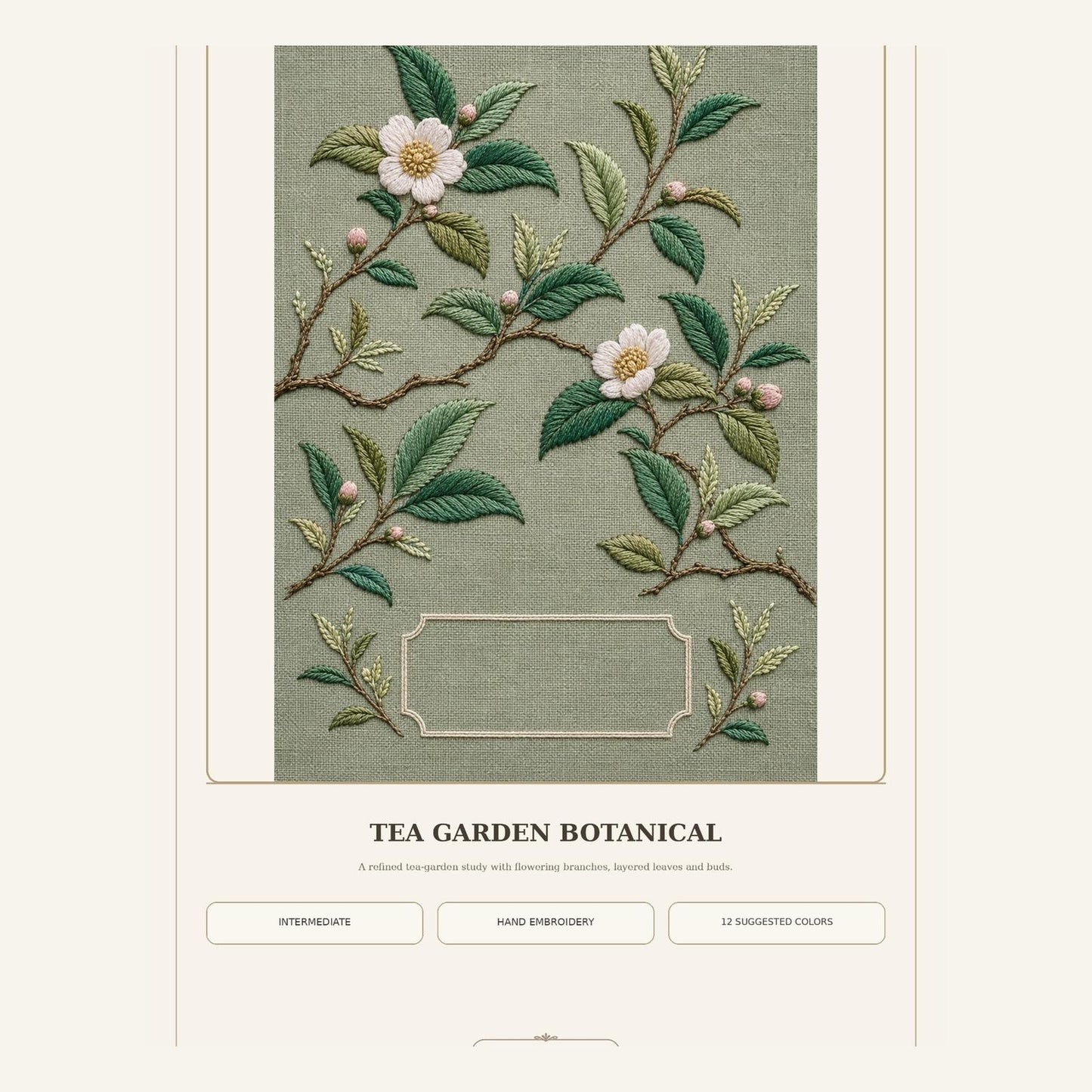 Tea Garden Botanical pattern edition overview for the digital hand embroidery pattern and stitch guide
