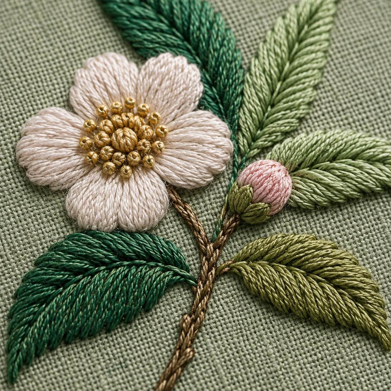 Tea Garden Botanical stitch detail closeup for the digital hand embroidery pattern and stitch guide