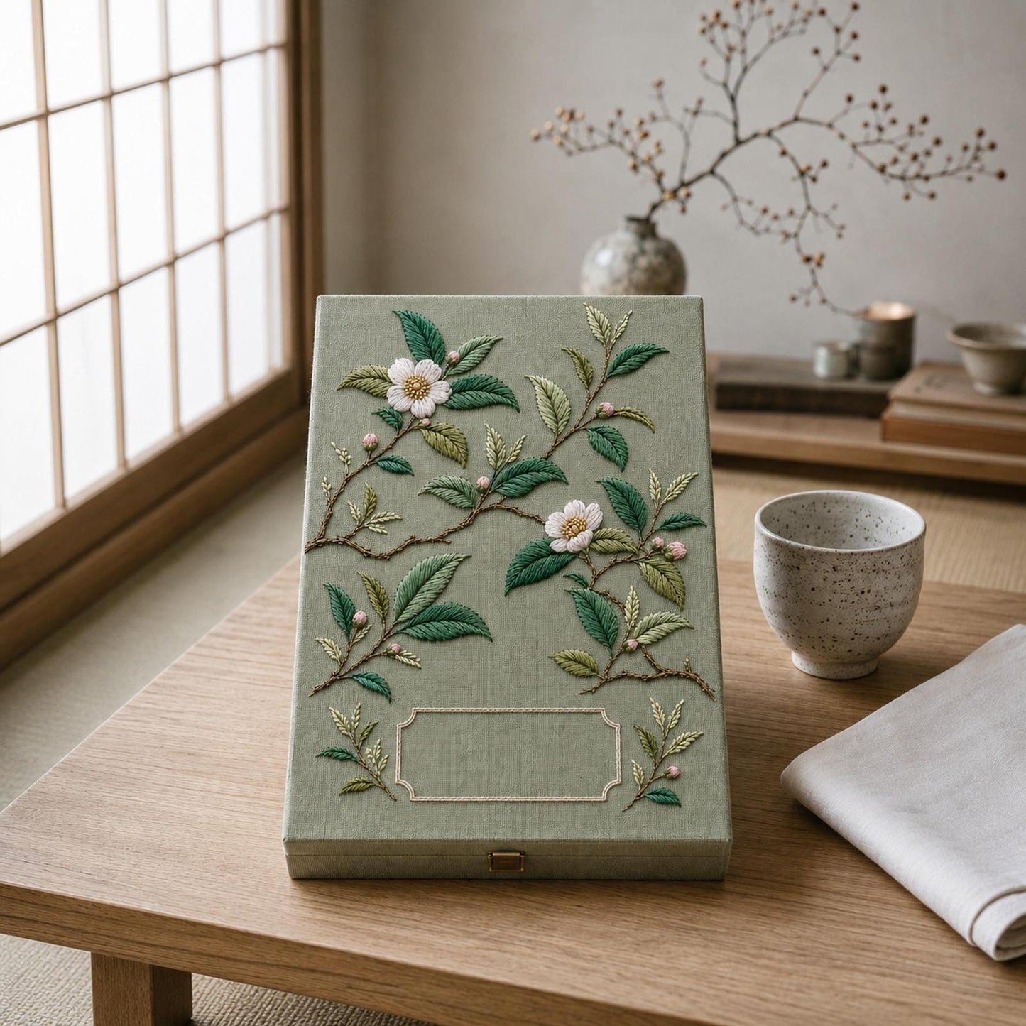 Tea Garden Botanical framed textile display for the digital hand embroidery pattern and stitch guide