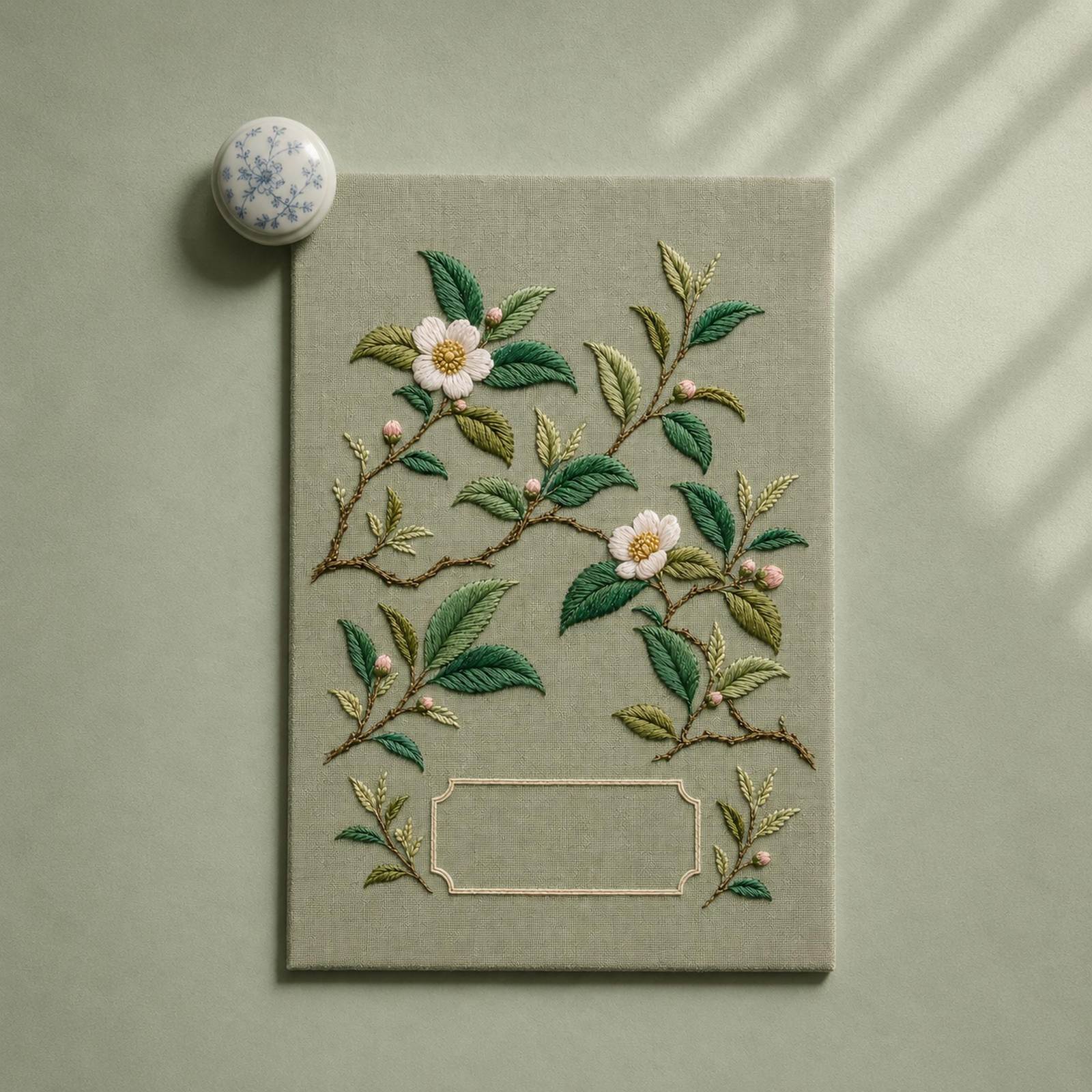 Tea Garden Botanical finished design flatlay for the digital hand embroidery pattern and stitch guide