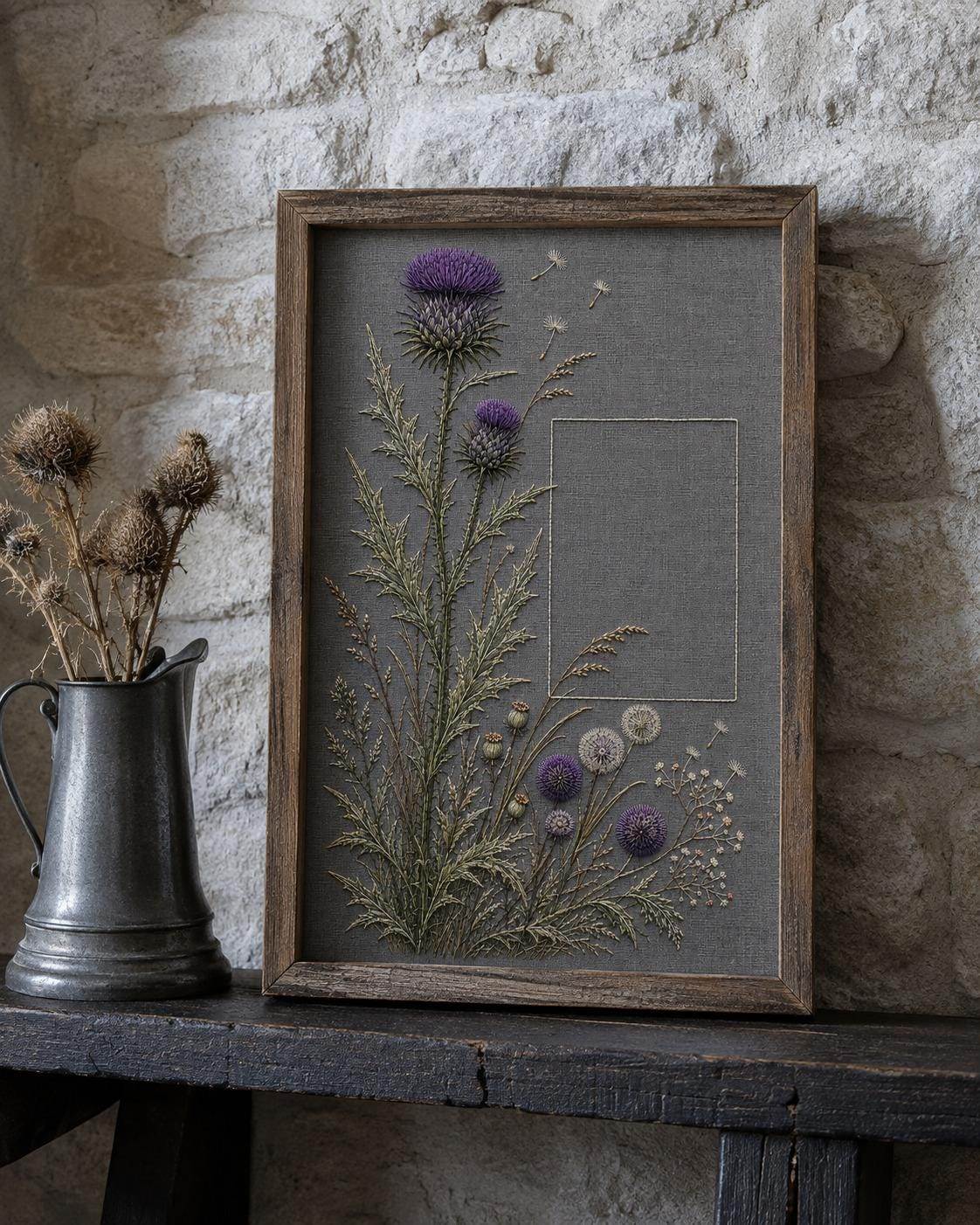 Thistle and Wild Seed Architecture embroidery portfolio display for the digital hand embroidery pattern and stitch guide