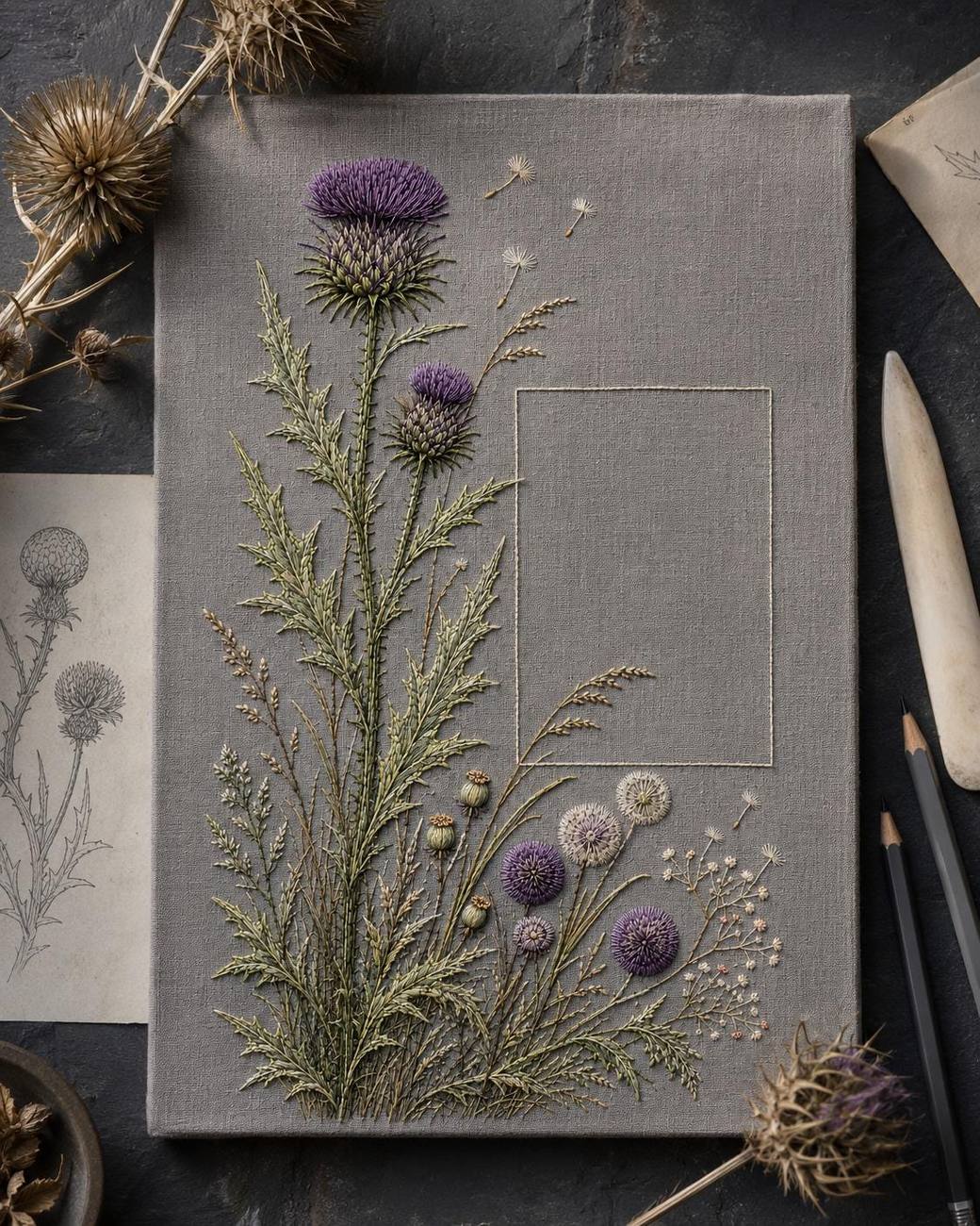 Thistle and Wild Seed Architecture finished design flatlay for the digital hand embroidery pattern and stitch guide