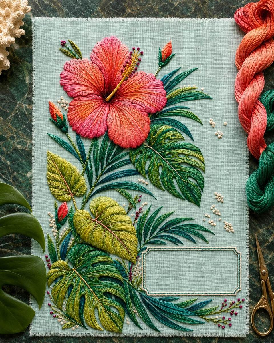 Tropical Hibiscus Foliage finished hoop hero for the digital hand embroidery pattern and stitch guide