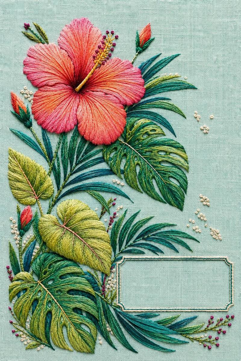 Tropical Hibiscus Foliage finished embroidery reference for the digital hand embroidery pattern and stitch guide