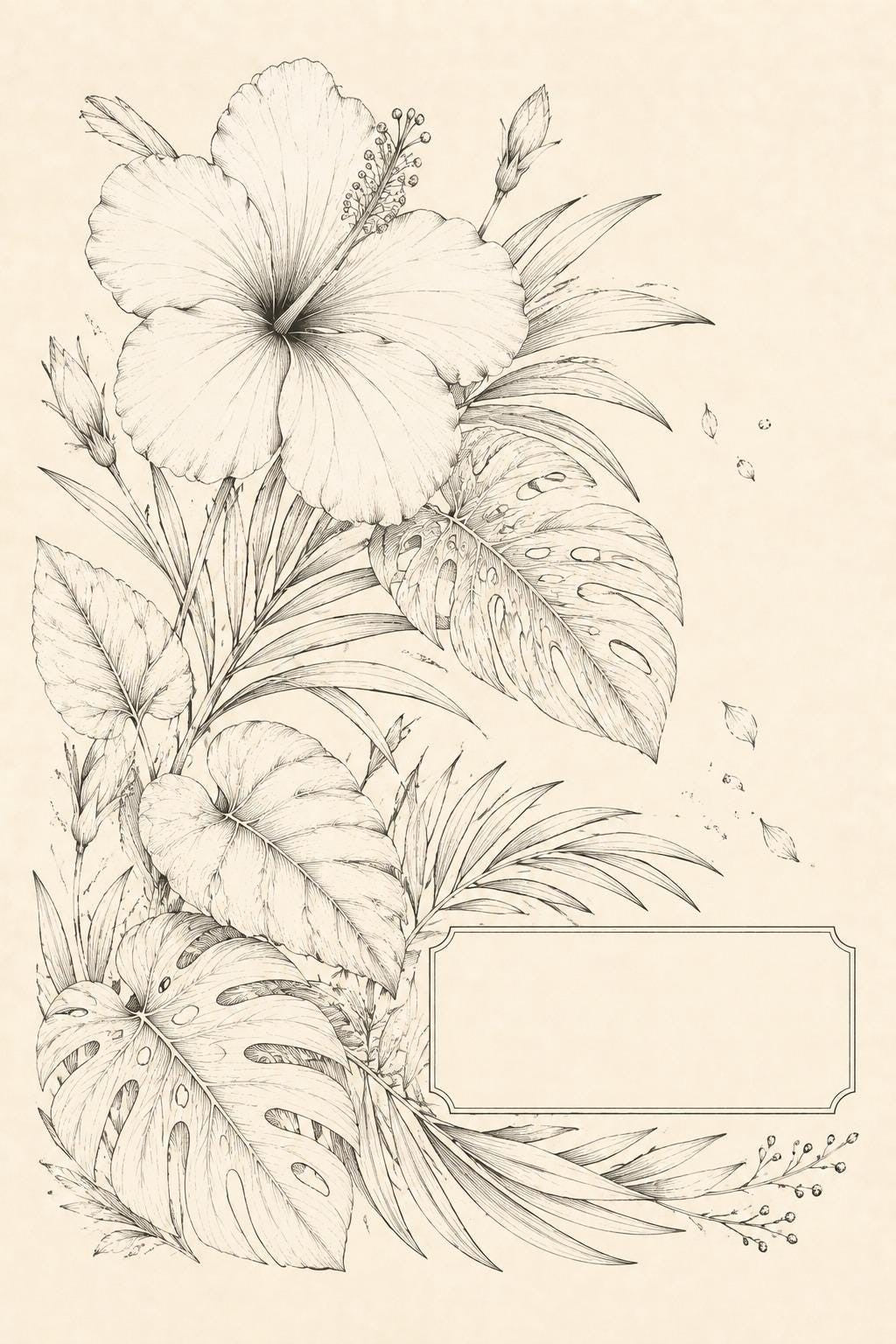 Tropical Hibiscus Foliage transfer linework preview for the digital hand embroidery pattern and stitch guide