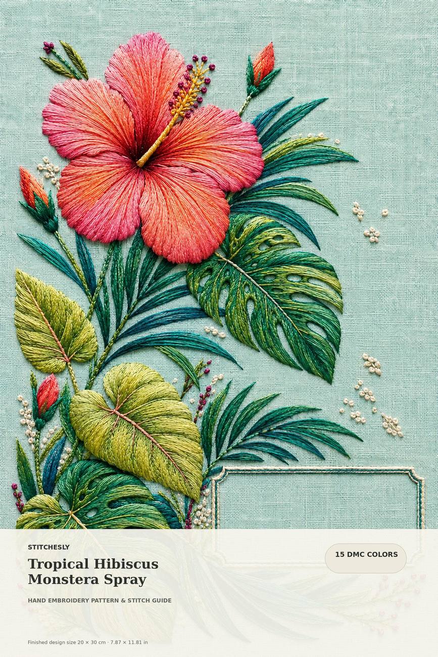 Tropical Hibiscus Foliage pattern edition overview for the digital hand embroidery pattern and stitch guide
