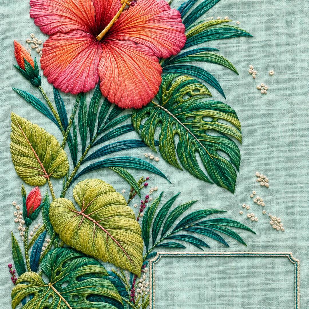 Tropical Hibiscus Foliage embroidered project idea for the digital hand embroidery pattern and stitch guide