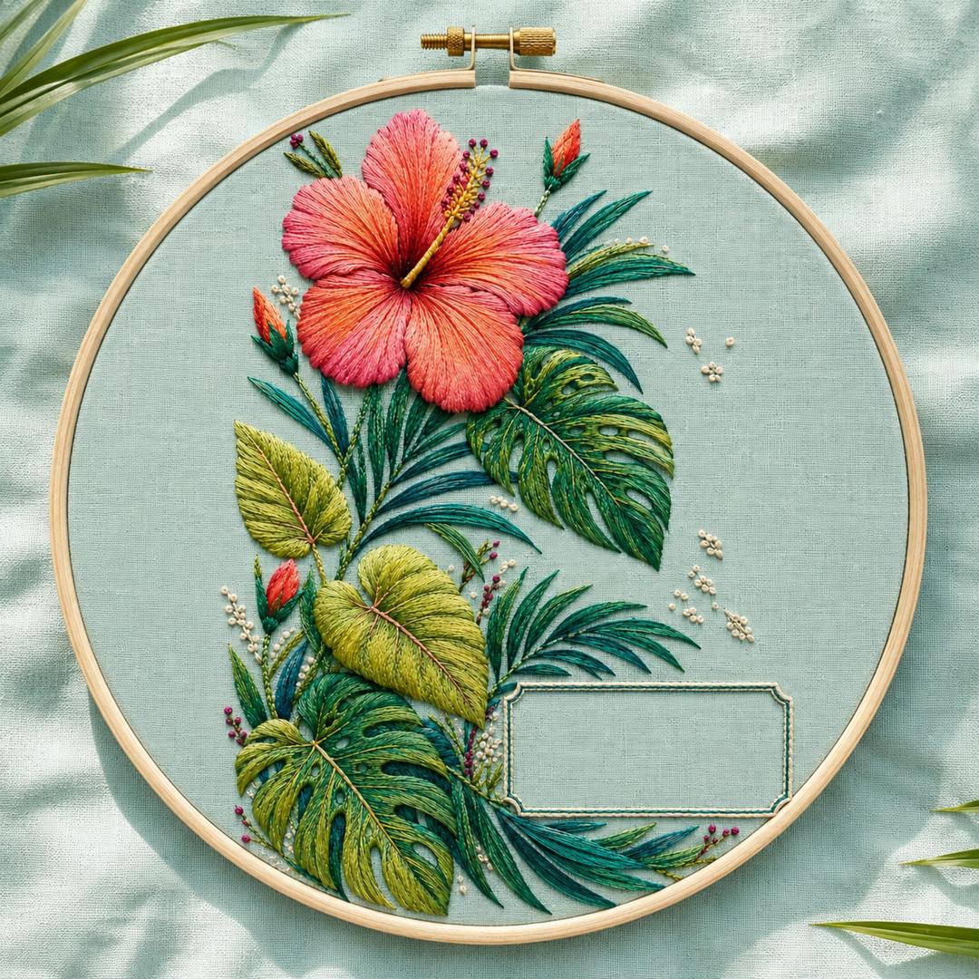 Tropical Hibiscus Foliage stitch detail closeup for the digital hand embroidery pattern and stitch guide