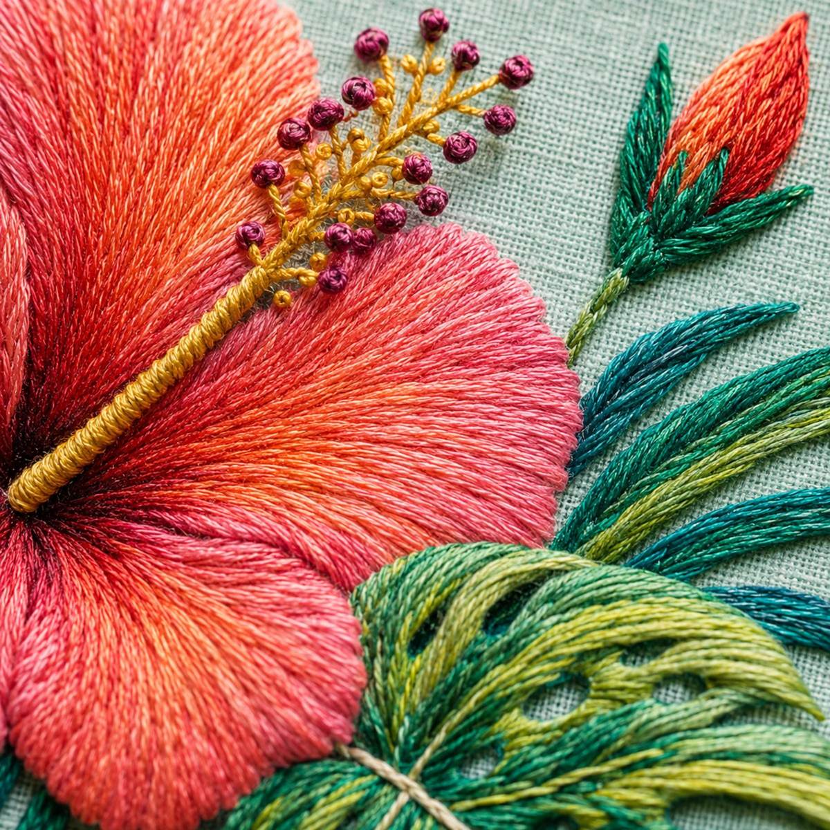 Tropical Hibiscus Foliage dmc colour palette preview for the digital hand embroidery pattern and stitch guide